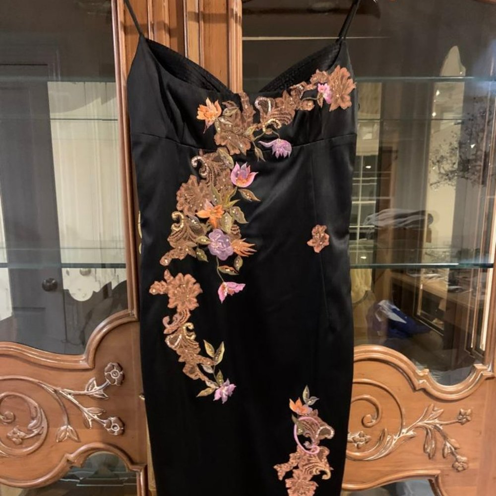 Mandalay NWT Black Satin BodyCon Midi Bustier Bodice Dress Lace Appliqué Trim